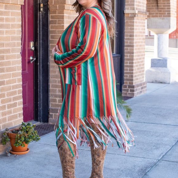 Women's Southwestern Duster with Fringes Serape Stripes Size - Picture 2 of 5